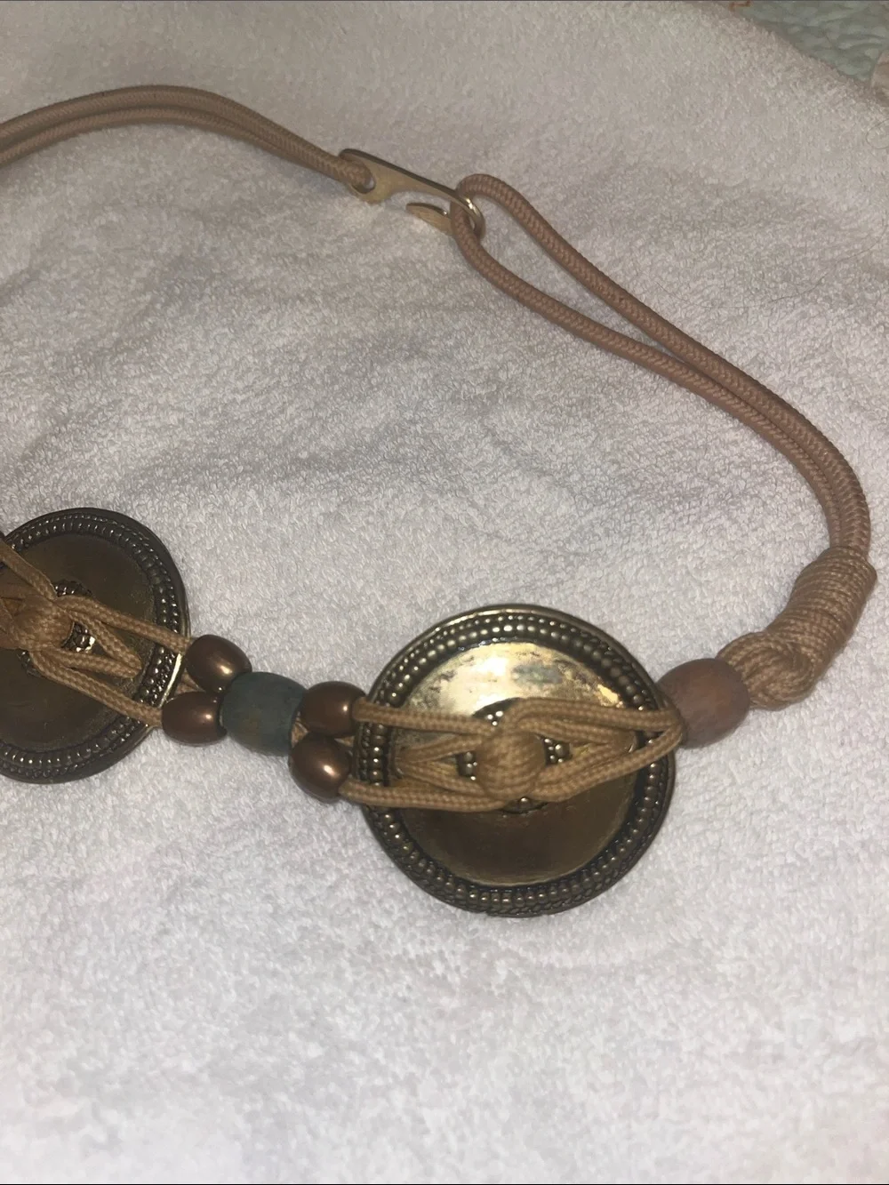 MIT Braided Tan Cord Waist Belt with Gold-Tone Coin Accents Wood Beads
